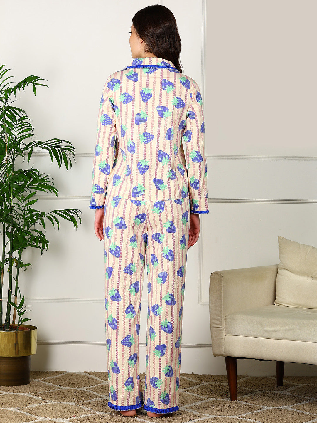 Golden Kite Women’s Cotton Stawberry Printed Night Suit with Notch Collar, Frill & Pocket