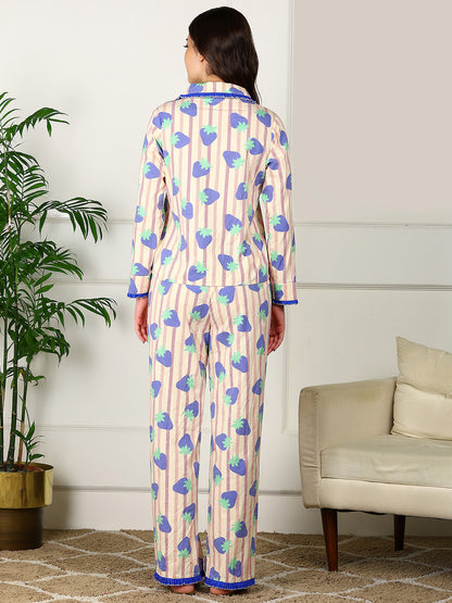 Golden Kite Women’s Cotton Stawberry Printed Night Suit with Notch Collar, Frill & Pocket