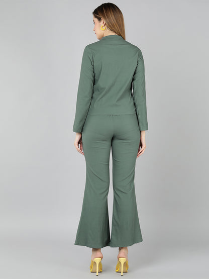 Golden Kite Green Solid Co-ordset , Collared shirt with a V-neck and long sleeves , featuring a gathered detail with adjustable ties at the front paired with flowing high waist trousers with an elastic waist band