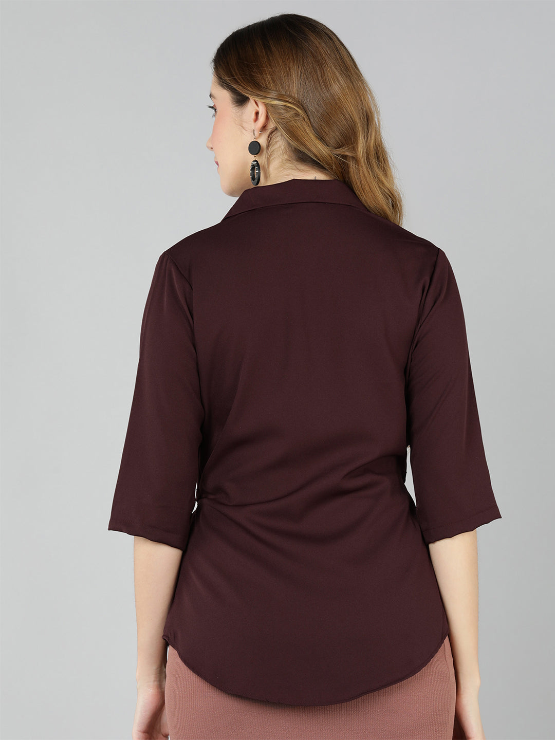 Golden Kite Burgundy Solid Lapel collar Longline shirt with assymetric hem and waist tieup for perfect fit, 3/4th sleeve