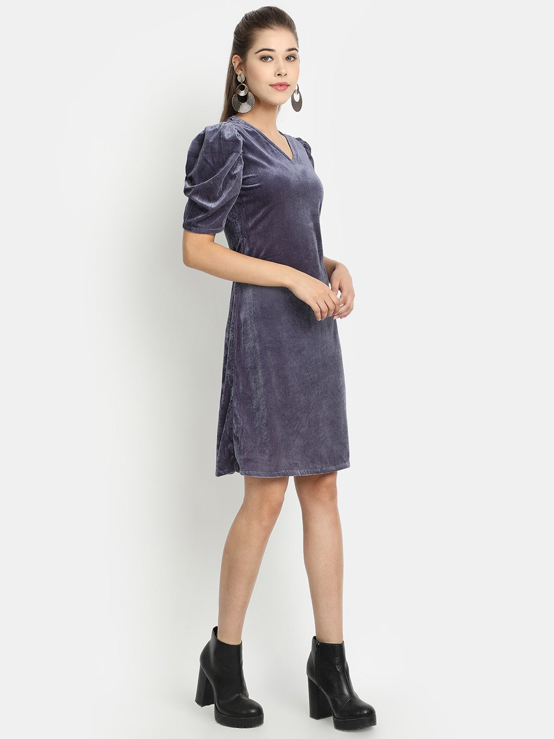 Golden Kite V-Neck A-line Velvet Midi Dress