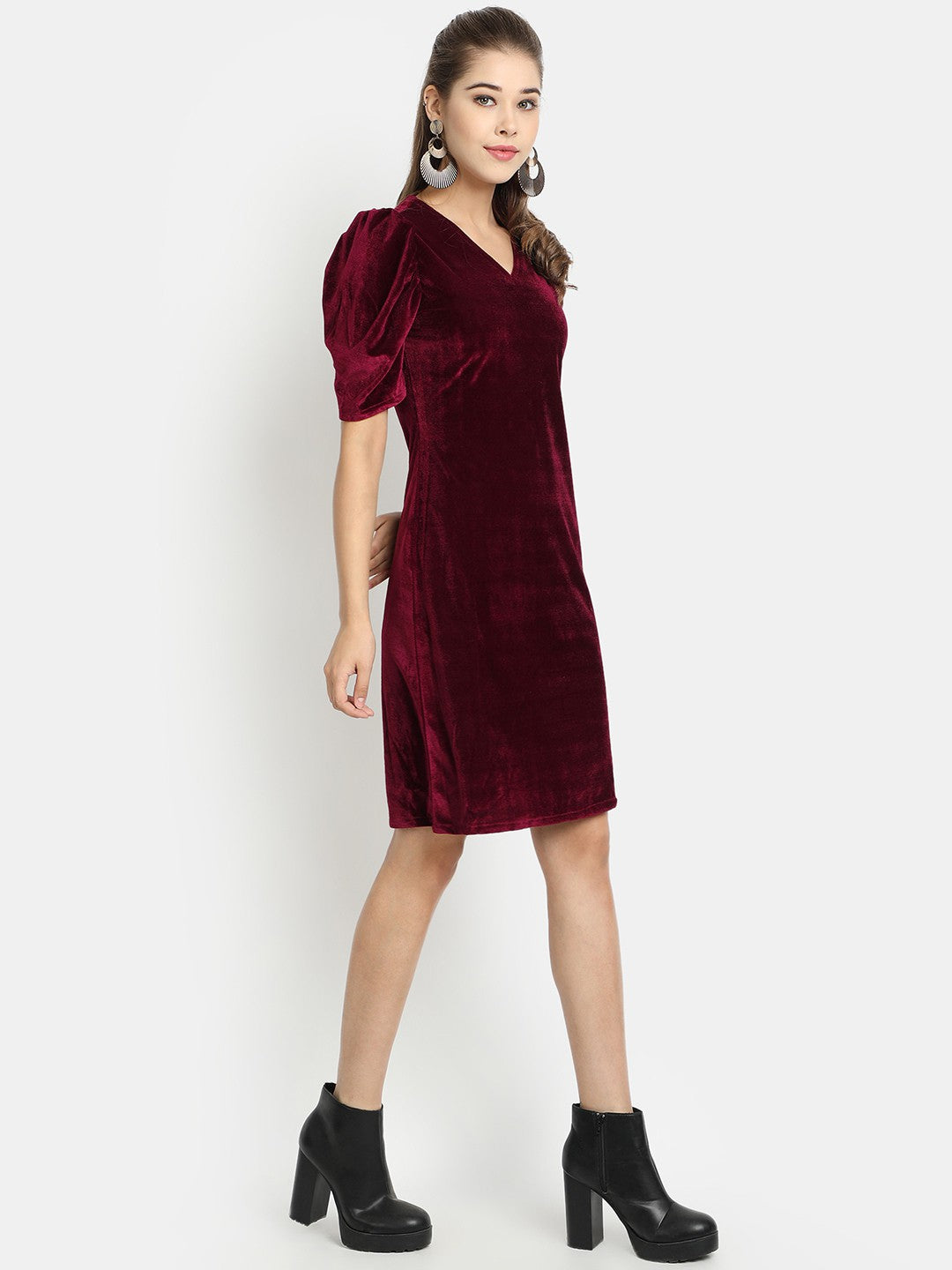 Golden Kite V-Neck A-line Velvet Midi Dress