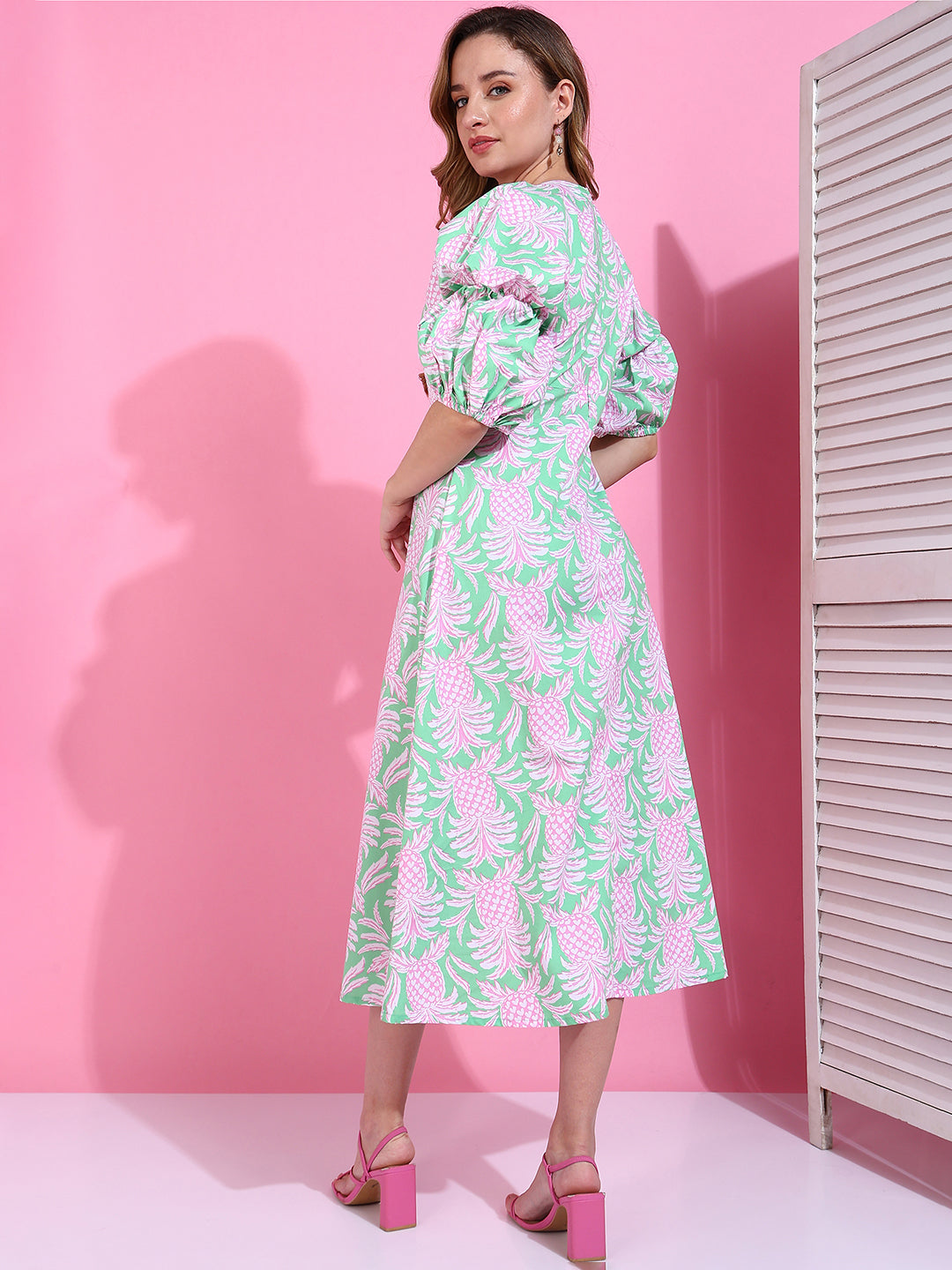Golden Kite Pastel Pineapple Bliss Puff-Sleeve Cotton Midi Dress