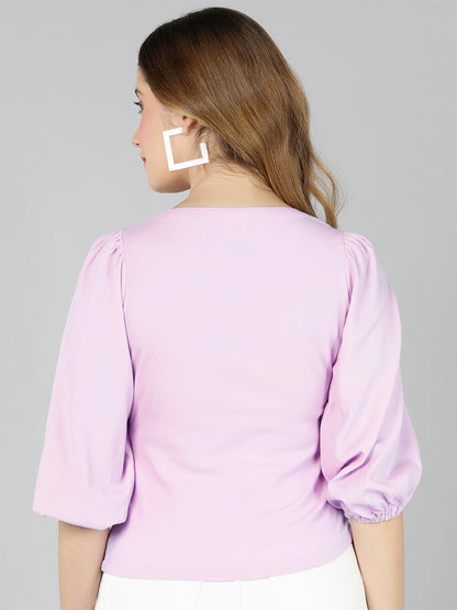 Golden Kite Lilac Solid Sweatheart Neck Top With Front bow detail and Bishop Sleeve