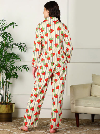 Golden Kite Women’s Cotton Stawberry Printed Night Suit with Notch Collar, Piping & Pocket