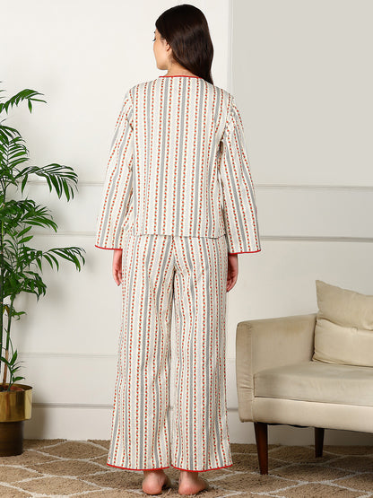 Golden Kite Women’s Cotton Heart Printed Night Suit with Contrast Piping Notch Collar, Piping & Pocket