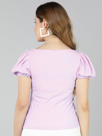 Golden Kite Lilac Solid Sweatheart Neck Top ,front corset , puffy sleeve ,Crafted in Viscose poly knit