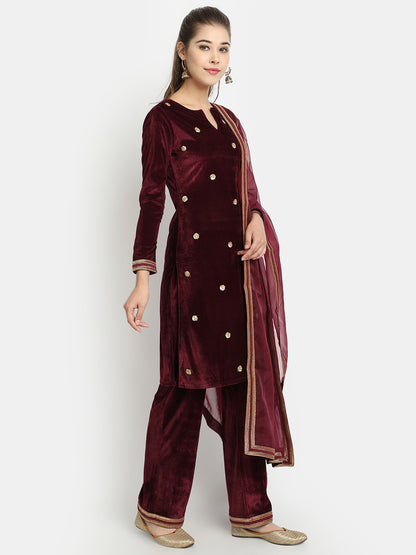 Golden Kite Velvet Embellished Kurta & Palazzos with Dupatta