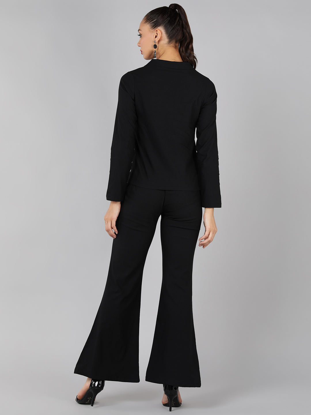 Golden Kite Green Solid Co-ordset , Collared shirt with a V-neck and long sleeves , featuring a gathered detail with adjustable ties at the front paired with flowing high waist trousers with an elastic waist band