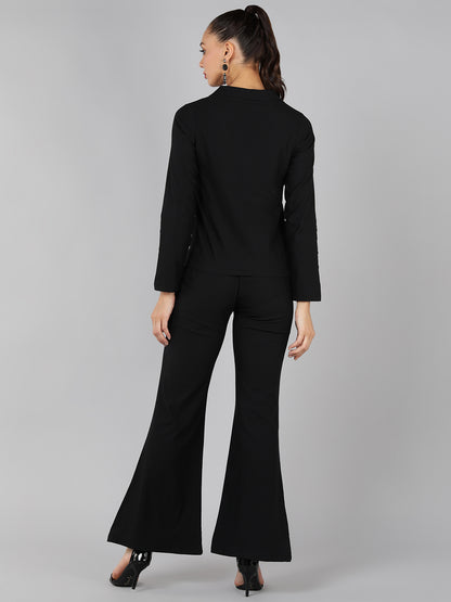 Golden Kite Green Solid Co-ordset , Collared shirt with a V-neck and long sleeves , featuring a gathered detail with adjustable ties at the front paired with flowing high waist trousers with an elastic waist band