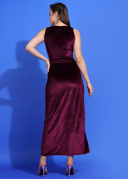 Golden Kite Twisted Knot Front Open Velvet Maxi Dress