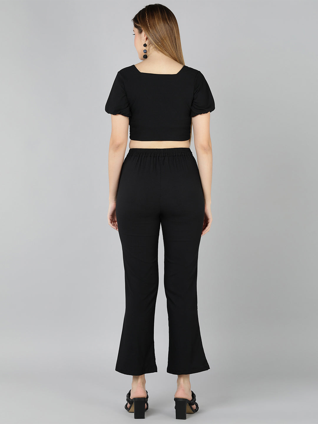 Golden Kite Green Solid Co-ordset , crop top sweatheart neck with front ruching detail paired with Straight trouser