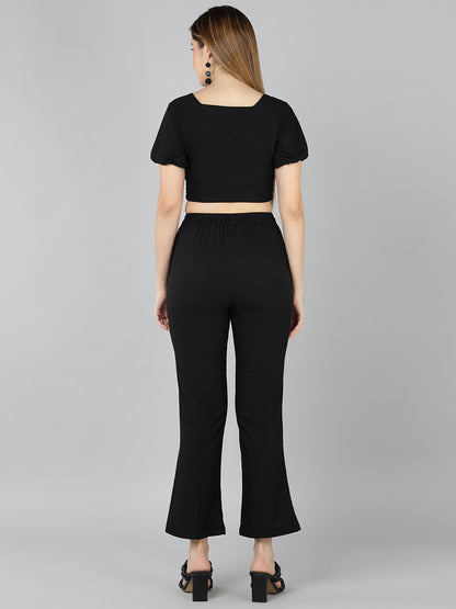 Golden Kite Green Solid Co-ordset , crop top sweatheart neck with front ruching detail paired with Straight trouser