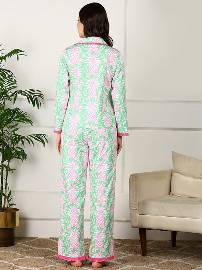 Golden Kite Women’s Cotton Pineapple Printed Night Suit with Notch Collar, Frill & Pocket