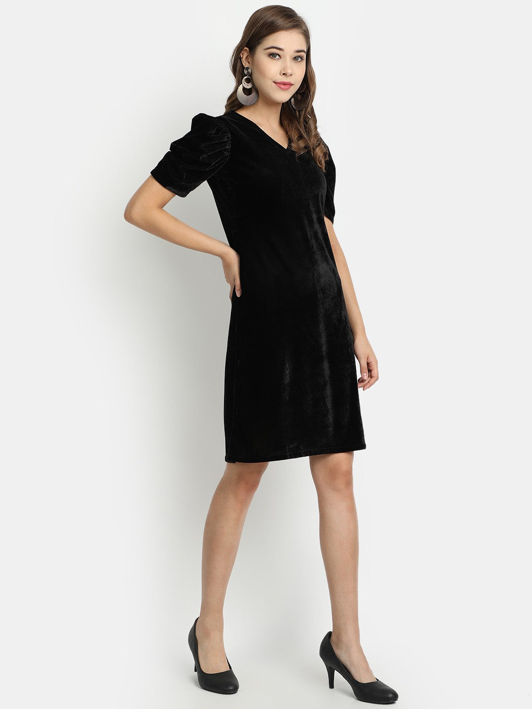 Golden Kite V-Neck A-line Velvet Midi Dress