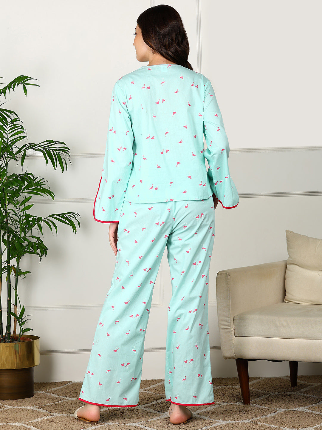 Golden Kite Women’s Cotton Swan Printed Night Suit with Contrast Piping Notch Collar, Frill & Pocket