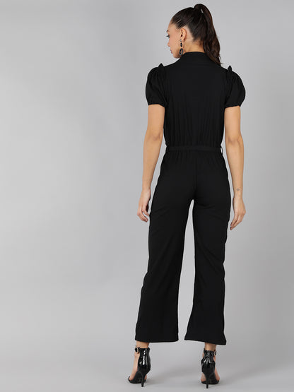 Golden Kite V-Neck Collar Puff Sleeve  Front Zip Jumpsuit Frill Detail