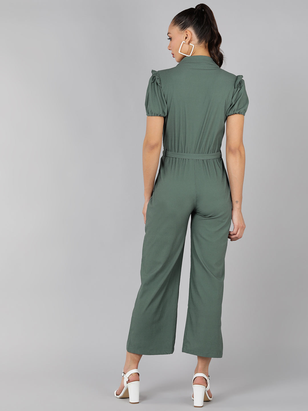 Golden Kite V-Neck Collar Puff Sleeve  Front Zip Jumpsuit Frill Detail