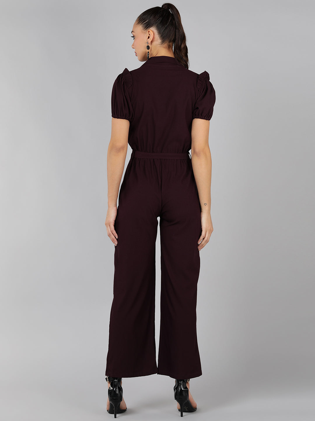 Golden Kite V-Neck Collar Puff Sleeve  Front Zip Jumpsuit Frill Detail