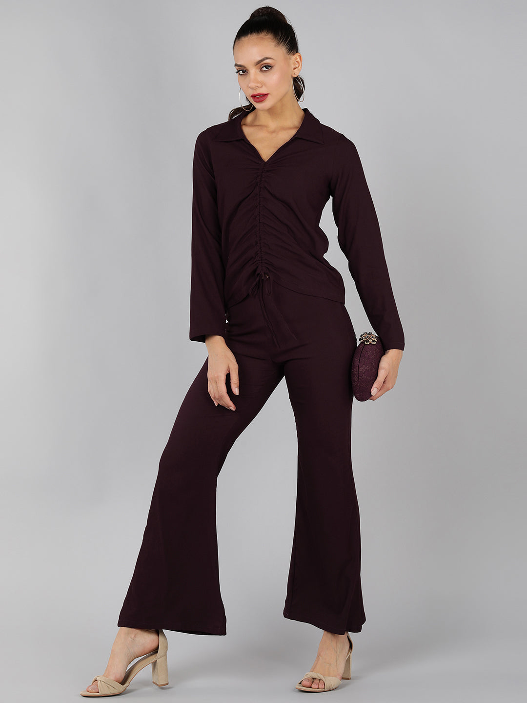 Golden Kite Green Solid Co-ordset , Collared shirt with a V-neck and long sleeves , featuring a gathered detail with adjustable ties at the front paired with flowing high waist trousers with an elastic waist band