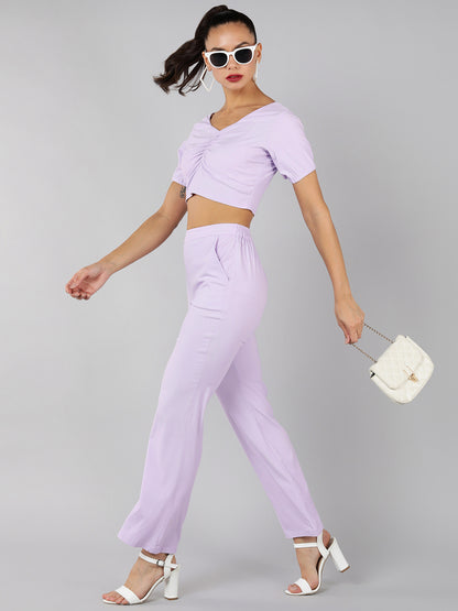 Golden Kite Green Solid Co-ordset , crop top sweatheart neck with front ruching detail paired with Straight trouser