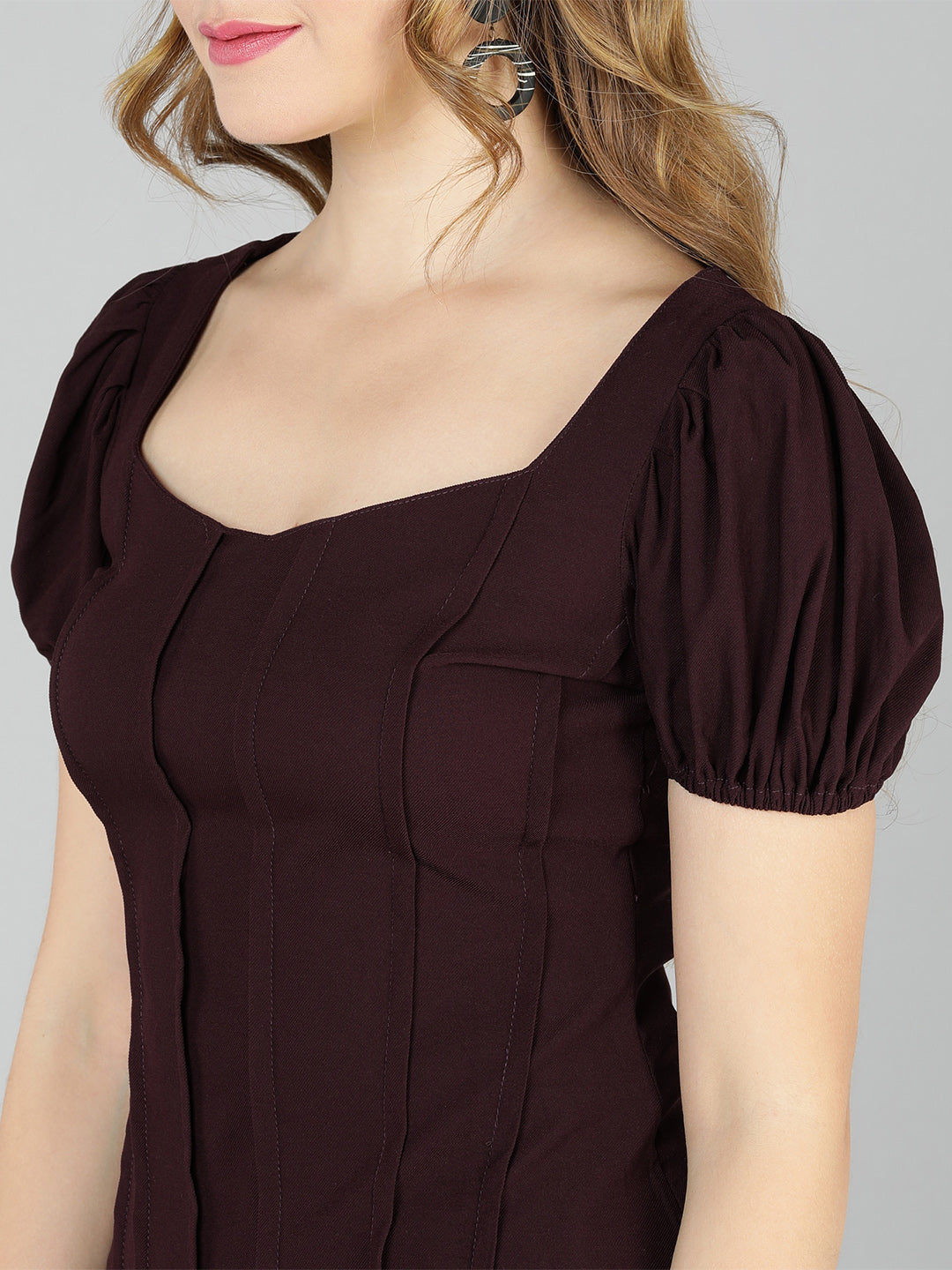 Golden Kite Lilac Solid Sweatheart Neck Top ,front corset , puffy sleeve ,Crafted in Viscose poly knit