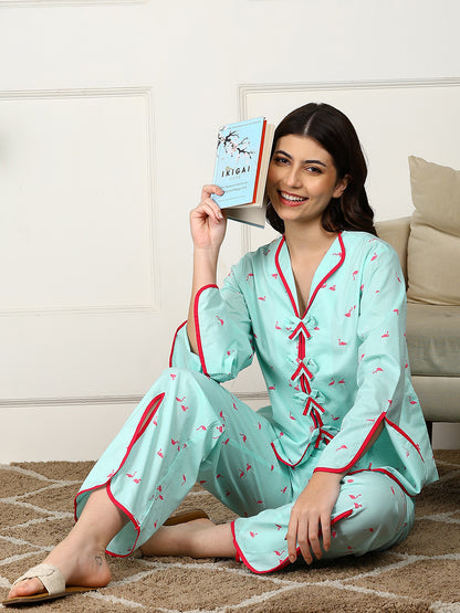 Golden Kite Women’s Cotton Swan Printed Night Suit with Contrast Piping Notch Collar, Frill & Pocket