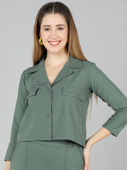 Golden Kite Women Solid Green Knotch Collar  Top,Has a front Button detail