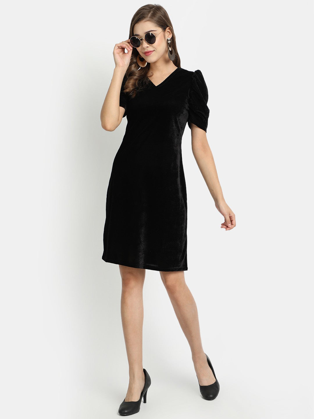 Golden Kite V-Neck A-line Velvet Midi Dress