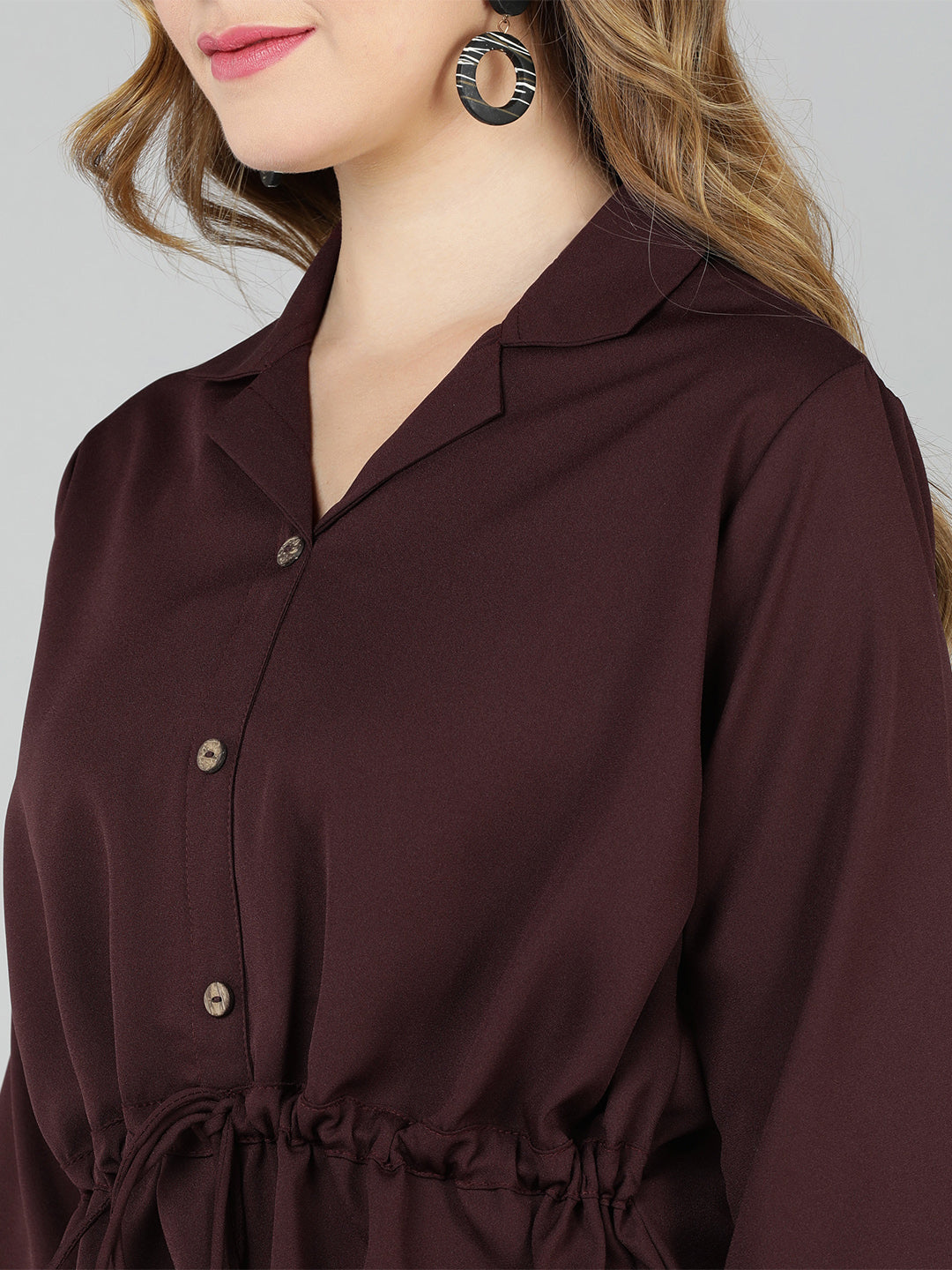 Golden Kite Burgundy Solid Lapel collar Longline shirt with assymetric hem and waist tieup for perfect fit, 3/4th sleeve