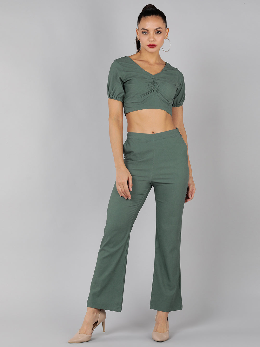 Golden Kite Green Solid Co-ordset , crop top sweatheart neck with front ruching detail paired with Straight trouser