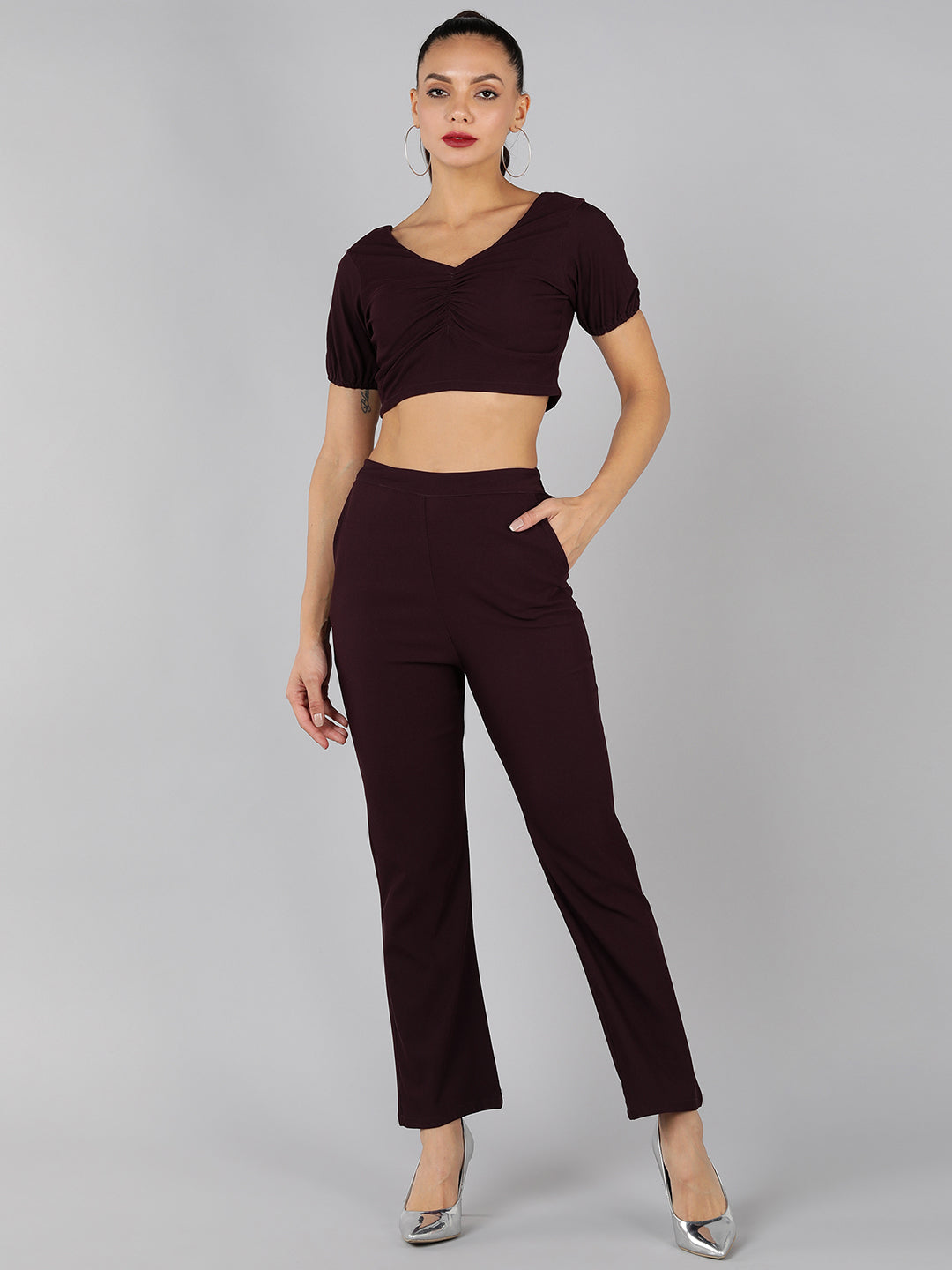 Golden Kite Green Solid Co-ordset , crop top sweatheart neck with front ruching detail paired with Straight trouser