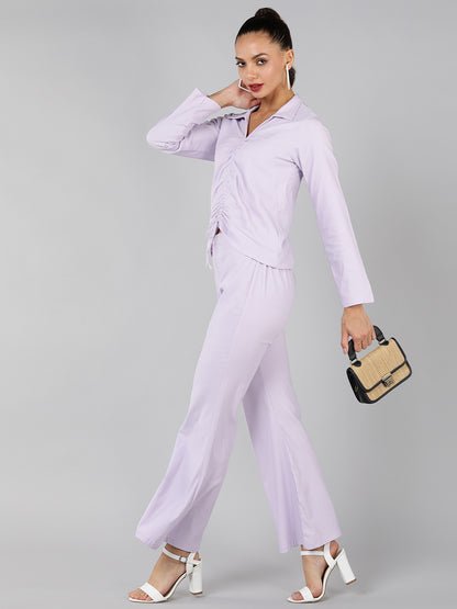 Golden Kite Green Solid Co-ordset , Collared shirt with a V-neck and long sleeves , featuring a gathered detail with adjustable ties at the front paired with flowing high waist trousers with an elastic waist band