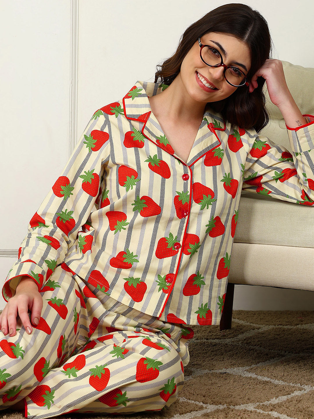 Golden Kite Women’s Cotton Stawberry Printed Night Suit with Notch Collar, Piping & Pocket