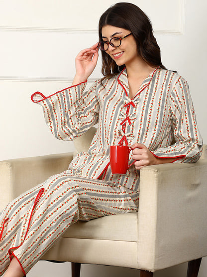 Golden Kite Women’s Cotton Heart Printed Night Suit with Contrast Piping Notch Collar, Piping & Pocket