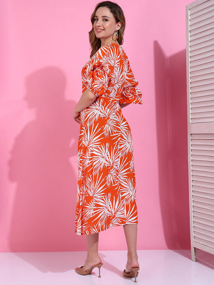 Golden Kite Tropical Blaze Orange Leaf Bliss Puff-Sleeve Cotton Midi Dress
