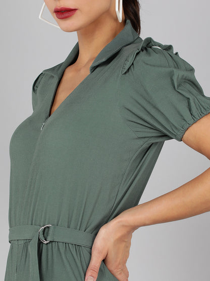 Golden Kite V-Neck Collar Puff Sleeve  Front Zip Jumpsuit Frill Detail