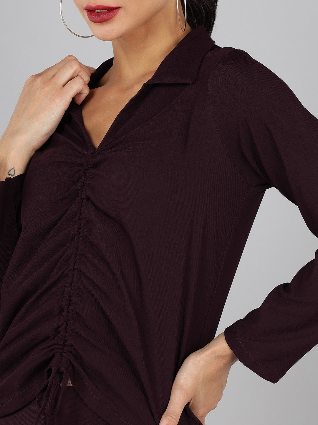 Golden Kite Green Solid Co-ordset , Collared shirt with a V-neck and long sleeves , featuring a gathered detail with adjustable ties at the front paired with flowing high waist trousers with an elastic waist band