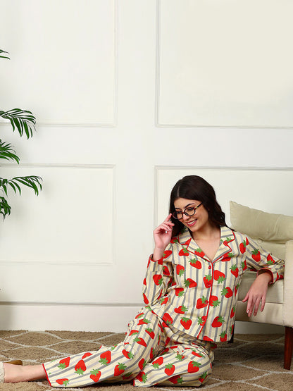 Golden Kite Women’s Cotton Stawberry Printed Night Suit with Notch Collar, Piping & Pocket