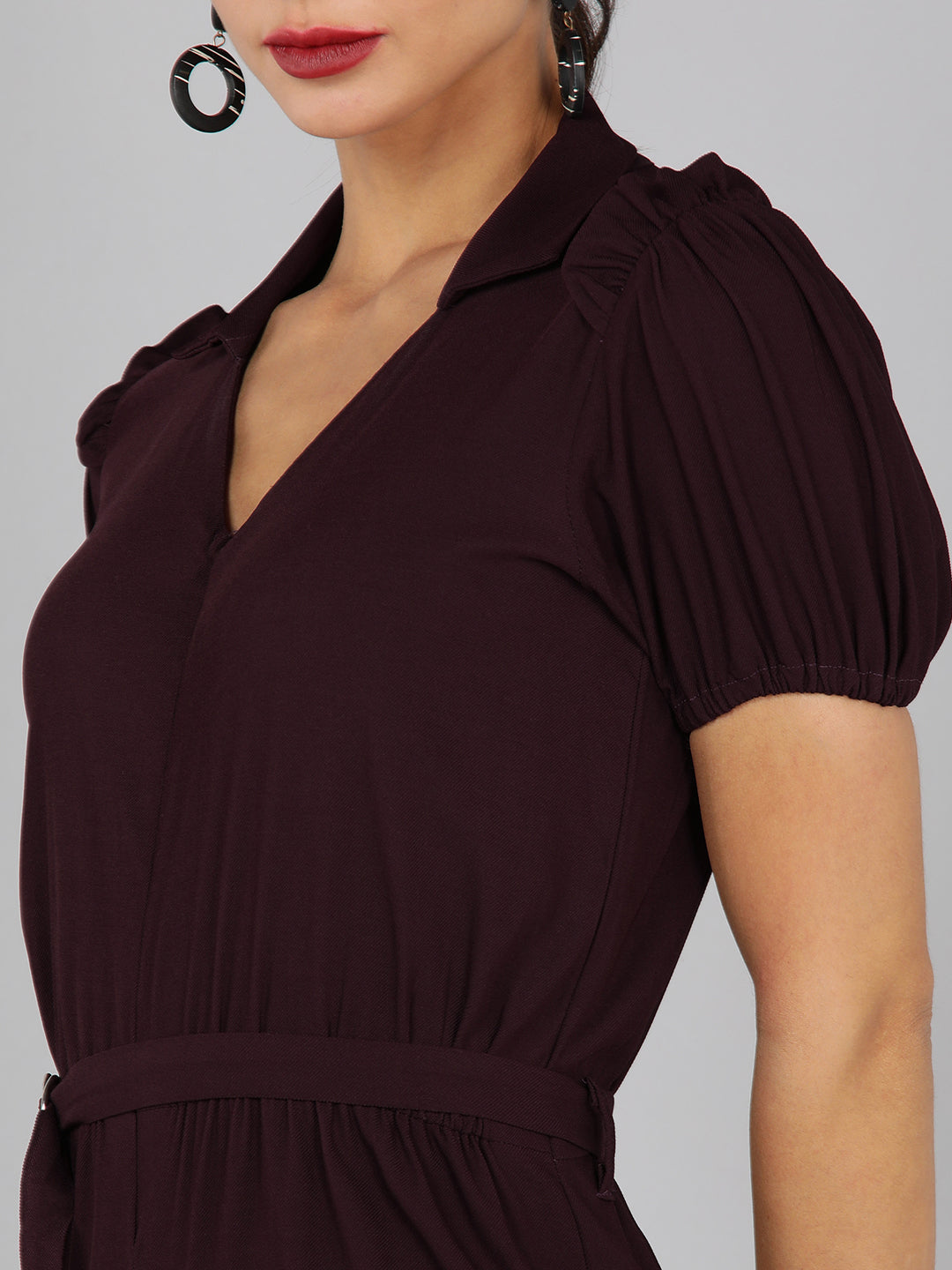 Golden Kite V-Neck Collar Puff Sleeve  Front Zip Jumpsuit Frill Detail