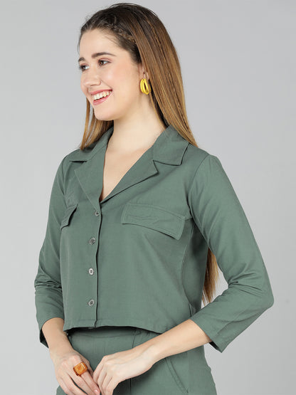 Golden Kite Women Solid Green Knotch Collar  Top,Has a front Button detail