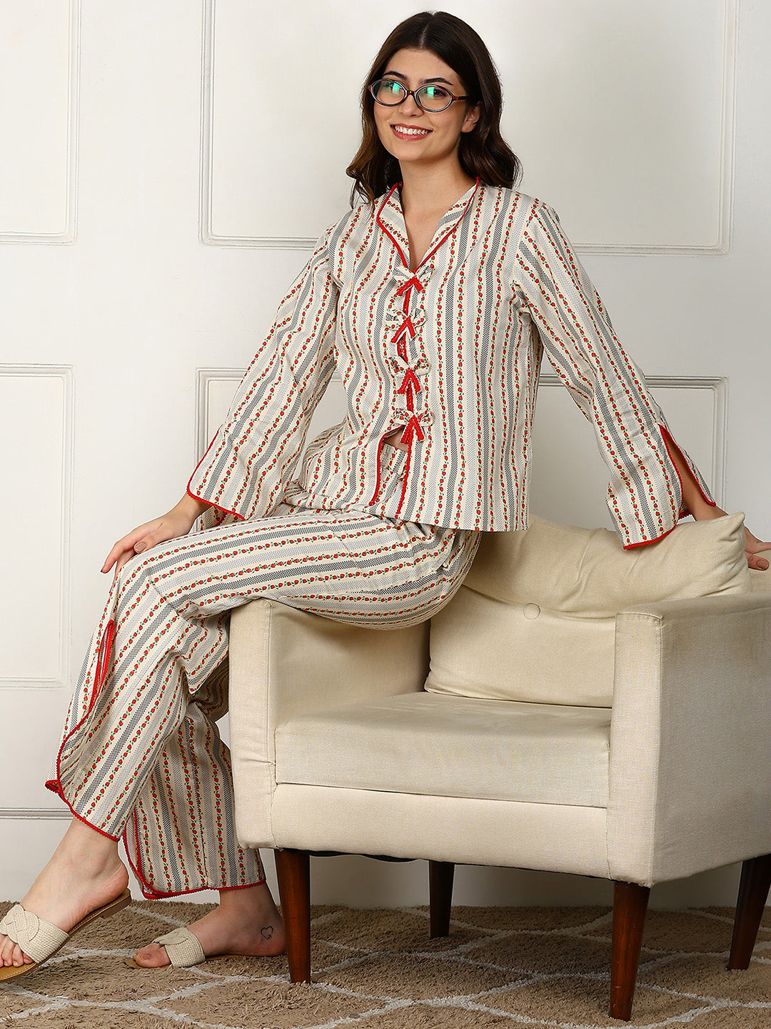 Golden Kite Women’s Cotton Heart Printed Night Suit with Contrast Piping Notch Collar, Piping & Pocket