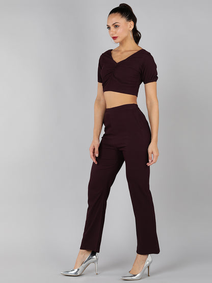 Golden Kite Green Solid Co-ordset , crop top sweatheart neck with front ruching detail paired with Straight trouser