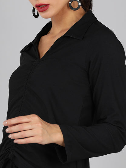 Golden Kite Green Solid Co-ordset , Collared shirt with a V-neck and long sleeves , featuring a gathered detail with adjustable ties at the front paired with flowing high waist trousers with an elastic waist band