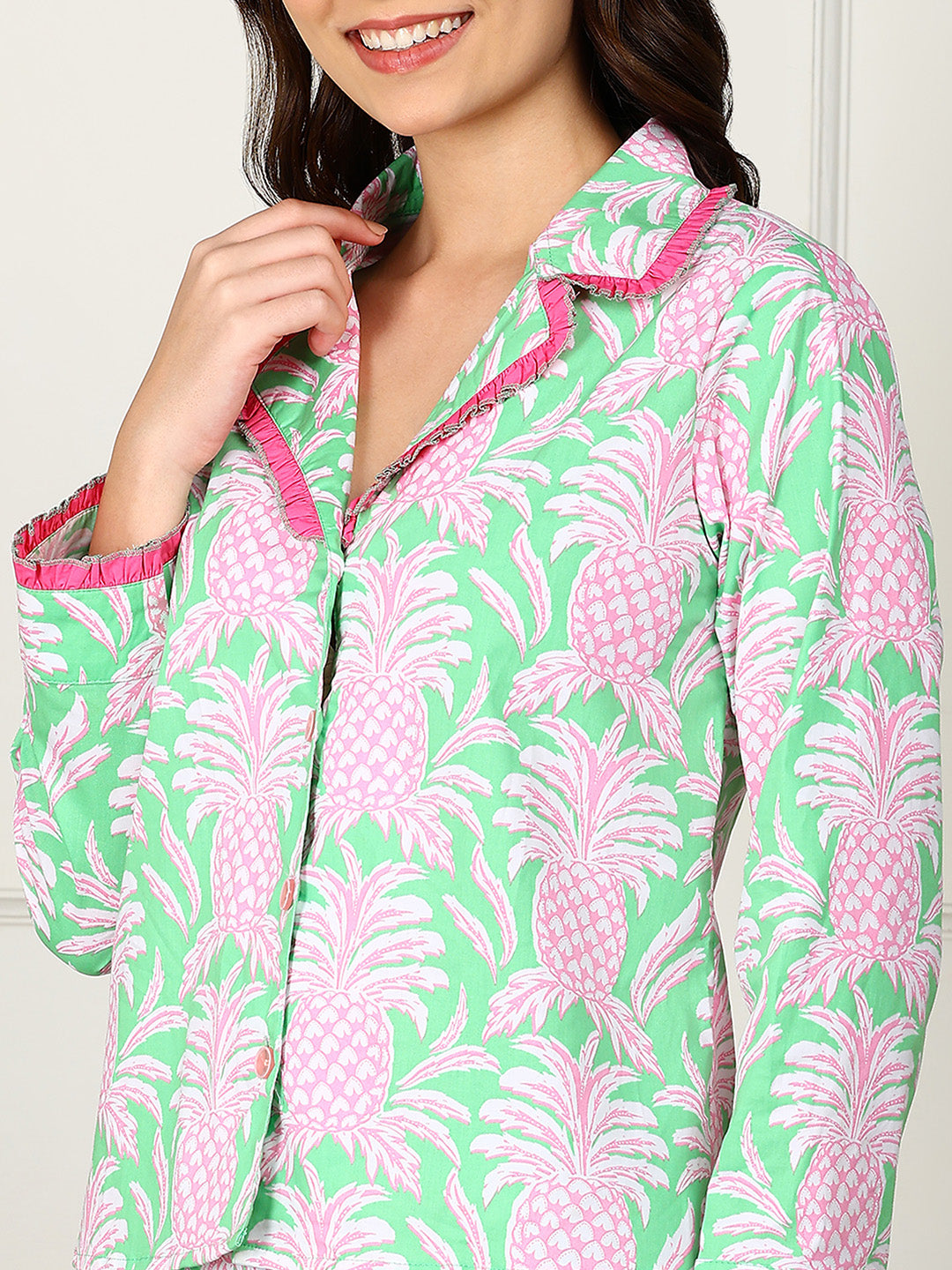 Golden Kite Women’s Cotton Pineapple Printed Night Suit with Notch Collar, Frill & Pocket