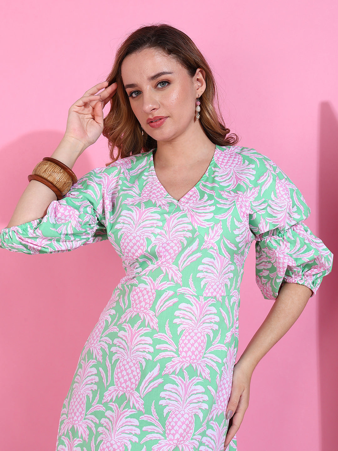 Golden Kite Pastel Pineapple Bliss Puff-Sleeve Cotton Midi Dress