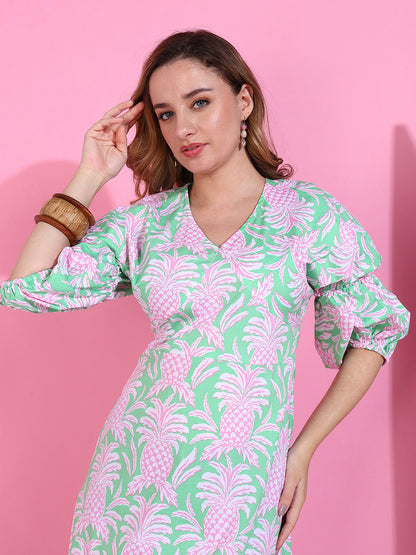 Golden Kite Pastel Pineapple Bliss Puff-Sleeve Cotton Midi Dress
