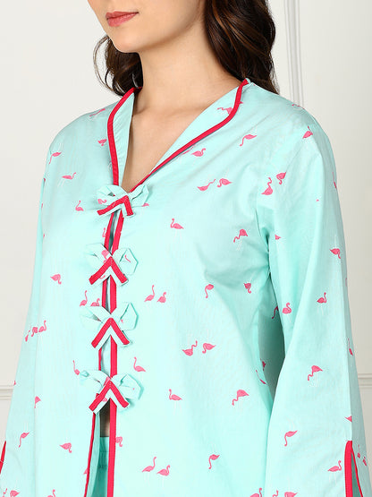 Golden Kite Women’s Cotton Swan Printed Night Suit with Contrast Piping Notch Collar, Frill & Pocket