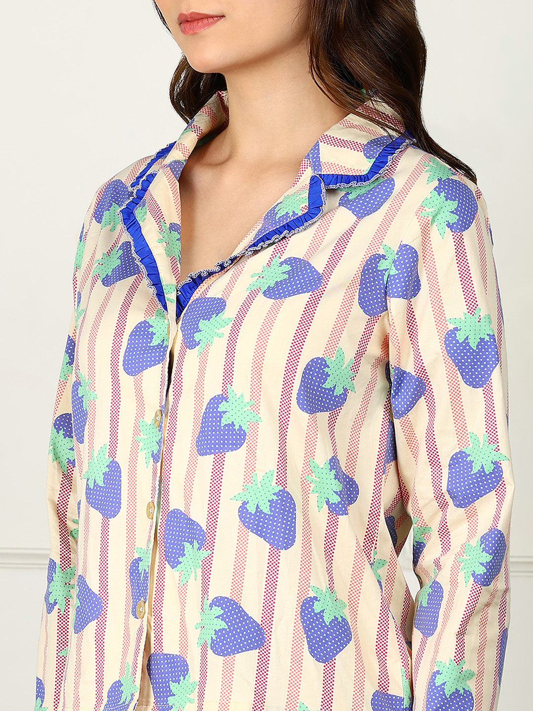 Golden Kite Women’s Cotton Stawberry Printed Night Suit with Notch Collar, Frill & Pocket