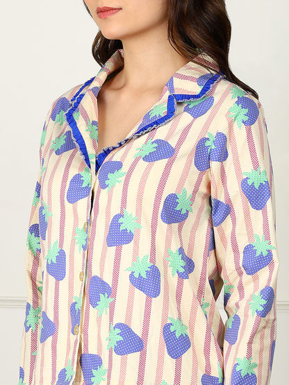 Golden Kite Women’s Cotton Stawberry Printed Night Suit with Notch Collar, Frill & Pocket